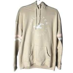 Hollister “Hollister Los Angeles” Cream Hoodie, White & Pink Stripes on Sleeves